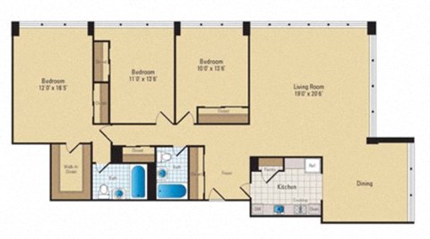Floor plan for 3 beds, 2 baths, 1495 sqft
